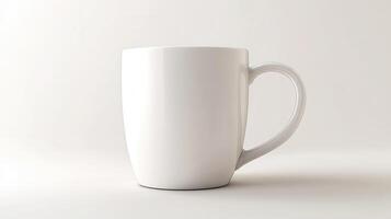 A plain white ceramic mug positioned on a light surface, showcasing its smooth design and minimalist style, perfect for any beverage or display photo