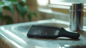 Black comb placed on a bathroom countertop near a shiny faucet and a green plant during daylight photo