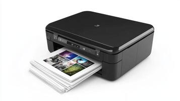 A black printer in action, producing vibrant images printed on glossy paper photo