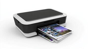 Compact multi-function printer printing colorful photos on glossy paper in a bright, well-lit office space