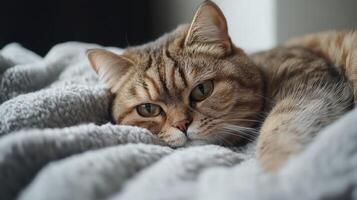 A sleepy tabby cat lounging on a soft blanket in a cozy indoor environment near a sunlit window photo