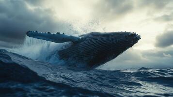 Humpback whale breaching in ocean waters under dramatic cloudy sky photo