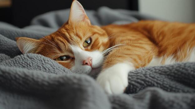 A relaxed orange tabby cat lounging on a cozy gray blanket in a warm indoor setting during the afternoon photo