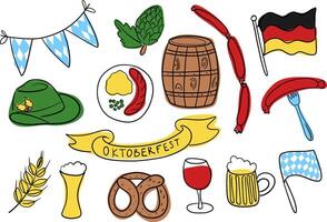 Oktoberfest beer festival hand drawn doodle elements set. Doodle set with icons of Germany. Cartoon minimalistic elements for stickers, prints, icons, clip art, postcard decor, sublimation, labels. vector