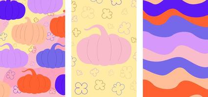 Set of colorful Halloween posters. Prints and backgrounds in Y2k style. Floral pattern, wavy background and abstract pumpkin. Modern fashion templates. . Bright purple and orange colors. vector