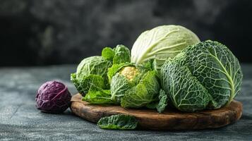 Fresh Green Cabbage and Cauliflower Varieties on Wooden Cutting Board in Kitchen During Daytime photo
