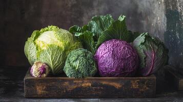 A Bountiful Collection of Different Types of Fresh Cabbage Varieties Displayed on Wooden Surface in Natural Light photo