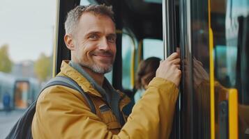 Man Standing By Bus Door Smiling While Waiting to Board in Urban Environment During Daytime photo