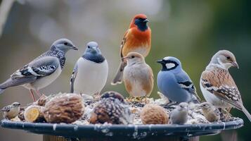 Colorful Birds Gathering at a Feeding Station During a Sunny Day in Early Spring photo