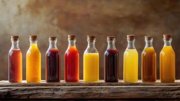 Colorful Assortment Of Fruit Juices Displayed In Glass Bottles On Wooden Background photo