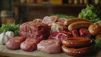 Assorted Cuts of Fresh Meat and Sausages Displayed on Rustic Wooden Surface in a Market Setting photo