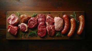 Assorted Cuts of Fresh Meats Displayed on a Wooden Board With Green Herbs in a Dimly Lit Kitchen photo