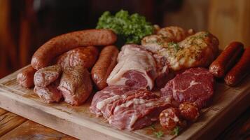 Assorted Cuts of Raw Meat Displayed on Wooden Cutting Board Surrounded by Fresh Vegetables and Herbs in Rustic Setting photo