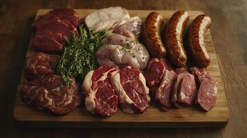 Assorted Meats Displayed on a Wooden Cutting Board With Fresh Herbs at Evening Gathering photo