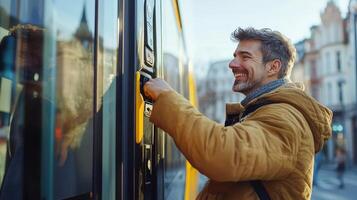 Man Boarding a City Bus on a Sunny Day in an Urban Environment photo