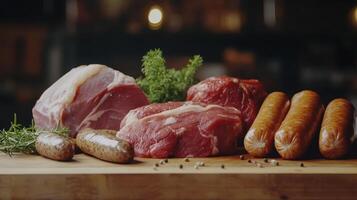 Fresh Meat Selection Displayed on Wooden Cutting Board With Herbs and Sausages for Culinary Inspiration photo