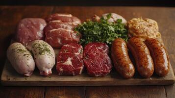 Fresh Cuts of Meat and Sausages Displayed on Wooden Platter in Rustic Kitchen Setting photo