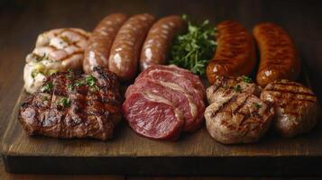Grilled Meats Displayed on a Wooden Cutting Board With Fresh Herbs in the Evening Light photo