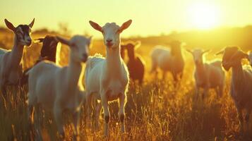 Curious Goats Grazing in Golden Fields Under a Setting Sun at Dusk photo