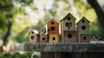 Various Birdhouses on a Rustic Wooden Table Surrounded by Lush Green Trees on a Bright Sunny Day photo