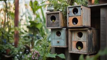 Colorful Birdhouses in a Lush Garden With Birds Perched in Early Morning Light photo