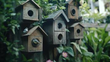 Wooden Birdhouses Nestled Among Greenery With Birds Gathering in a Serene Garden photo