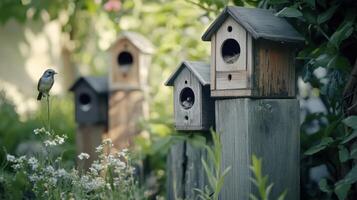 Bluebird Perched by Wooden Birdhouses in a Lush Garden During Late Afternoon photo