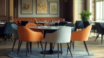 Elegant Dining Area With Stylish Chairs and Table Set for Evening Meal in Upscale Restaurant photo
