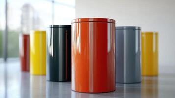 Colorful Modern Waste Bins Arranged Neatly in Bright Room During Daylight photo