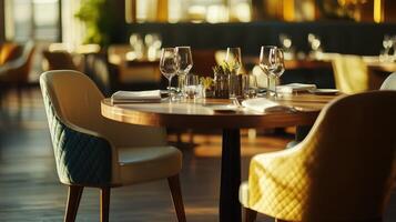 Elegant Dining Setup With Glasses and Silverware in Cozy Restaurant During Golden Hour photo
