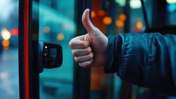 Person Giving a Thumbs Up Near Public Transportation Stop in Urban Environment During Early Evening photo
