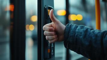 Person Giving Thumbs Up While Waiting for Public Bus on Rainy Evening in Urban Setting photo