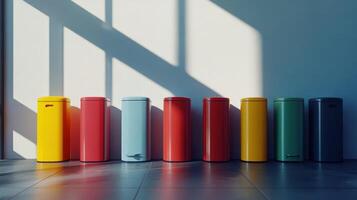 Colorful Cylindrical Trash Bins Line Up Against A Sunlit Wall In A Modern Indoor Space photo