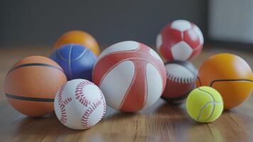 Various Types of Sports Balls Arranged on a Wooden Surface in a Well-Lit Indoor Space photo