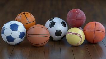 Collection of Various Sports Balls on Wooden Floor Displaying Different Shapes and Colors in Natural Light photo
