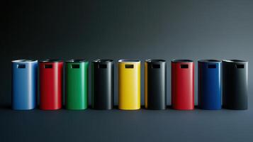 Various Colored Waste Bins Line Up Against Dark Background in Studio Setting photo