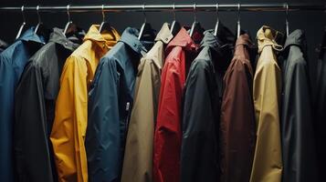 Collection of Colorful Rain Jackets Hanging on a Rack in a Store Displayed During Evening Hours photo
