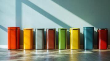 Colorful Row of Trash Cans in Sunny Interior Space With Natural Light photo