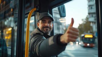 Smiling Man Giving Thumbs Up Inside City Bus During Evening Commute in Urban Setting photo