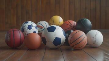 A Colorful Array of Sports Balls Lined Up on Wooden Floor in Indoor Setting photo