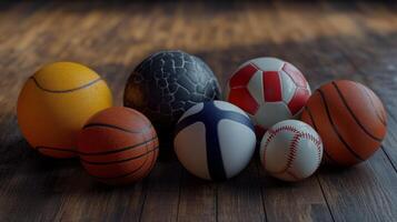A Colorful Collection of Various Sports Balls Arranged on a Wooden Surface in Bright Ambient Lighting photo