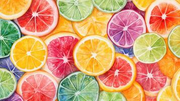 Colorful Array of Citrus Fruits Displayed on Vibrant Background at Summer Festival photo