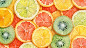 Vibrant Assortment of Sliced Citrus and Kiwi Fruits Displayed on a Colorful Background photo