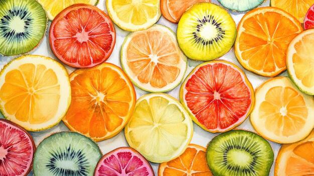 Colorful Assortment of Freshly Sliced Citrus Fruits Displayed on a Light Background in a Culinary Arrangement photo