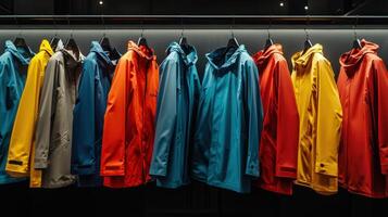A Collection of Colorful Outdoor Jackets Hanging in a Retail Store Display During Evening Hours photo