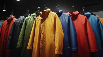 Colorful Raincoats Displayed on Hangers in Retail Store During Overcast Day photo