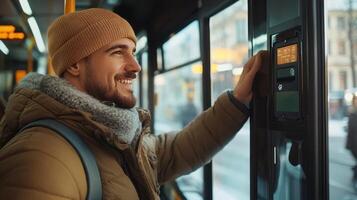 Young Man Smiling and Using Ticket Machine Inside City Bus During Winter Afternoon in Urban Setting photo