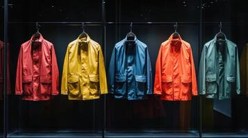 Vibrant Raincoats Displayed in Modern Retail Store Lighting During Evening Hours photo