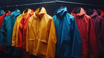 Vibrant Collection of Rain Jackets Hanging on Display in Modern Retail Space photo