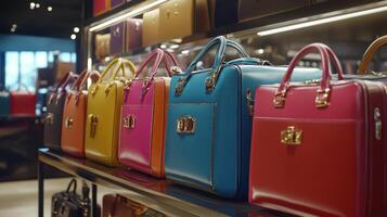Colorful Handbags Displayed on a Shelf in a Modern Retail Store During Daylight photo